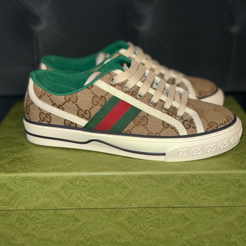 Gucci Tan and Green Canvas Sneakers